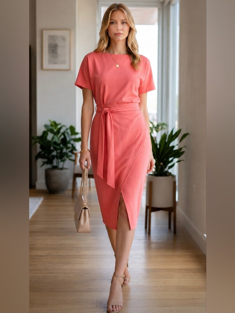 Kensie Coral Pink faux Wrap Skirt‎ Midi Dress Short Sleeve Belted Size 12 NWT